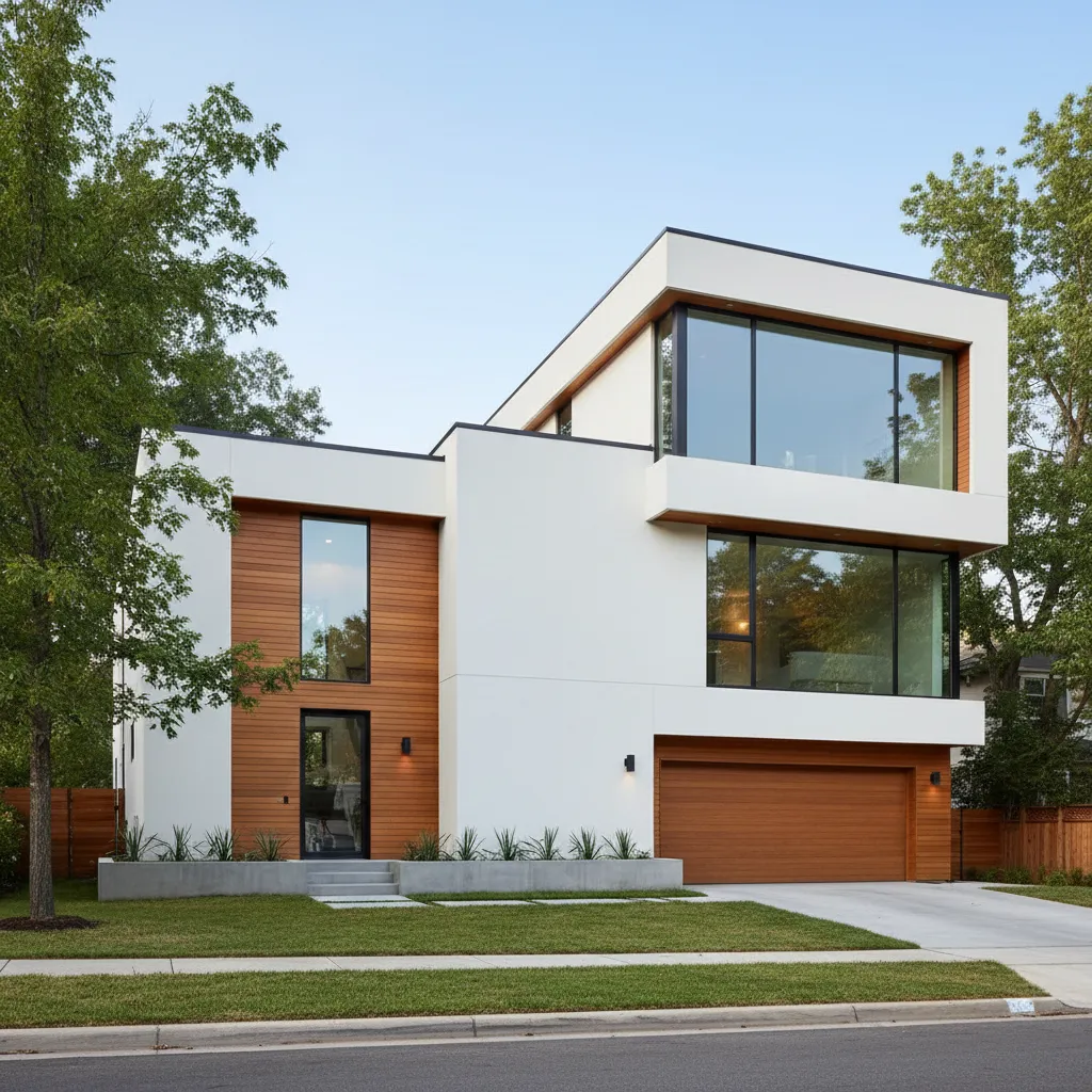 Modern house with two floors white walls wood panels large windows lawn and wooden garage