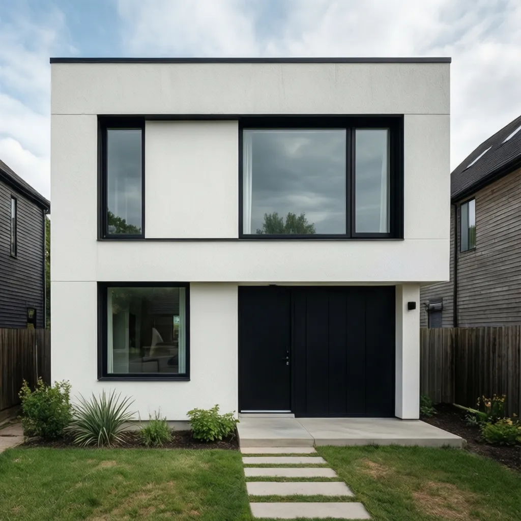 Modern white two story house with black front door large windows green grass and walkway