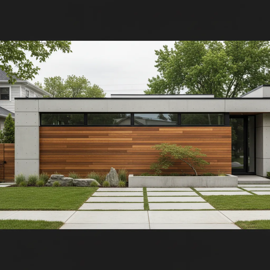 Modern one story house with wood panel walls grey concrete frame green grass and tiles