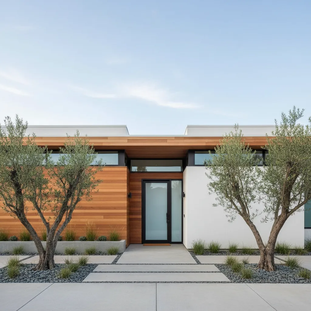 Modern one story house facade with wood wall panels white walls and two green trees