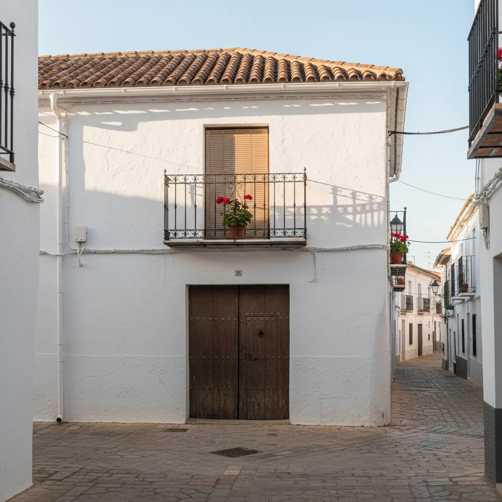 Fachada sencilla de casa manchega en calle urbana