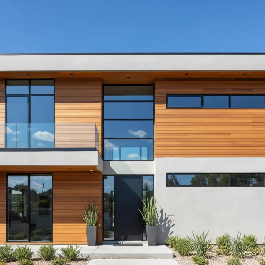 Fachada de casa moderna con varias ventanas metálicas negras
