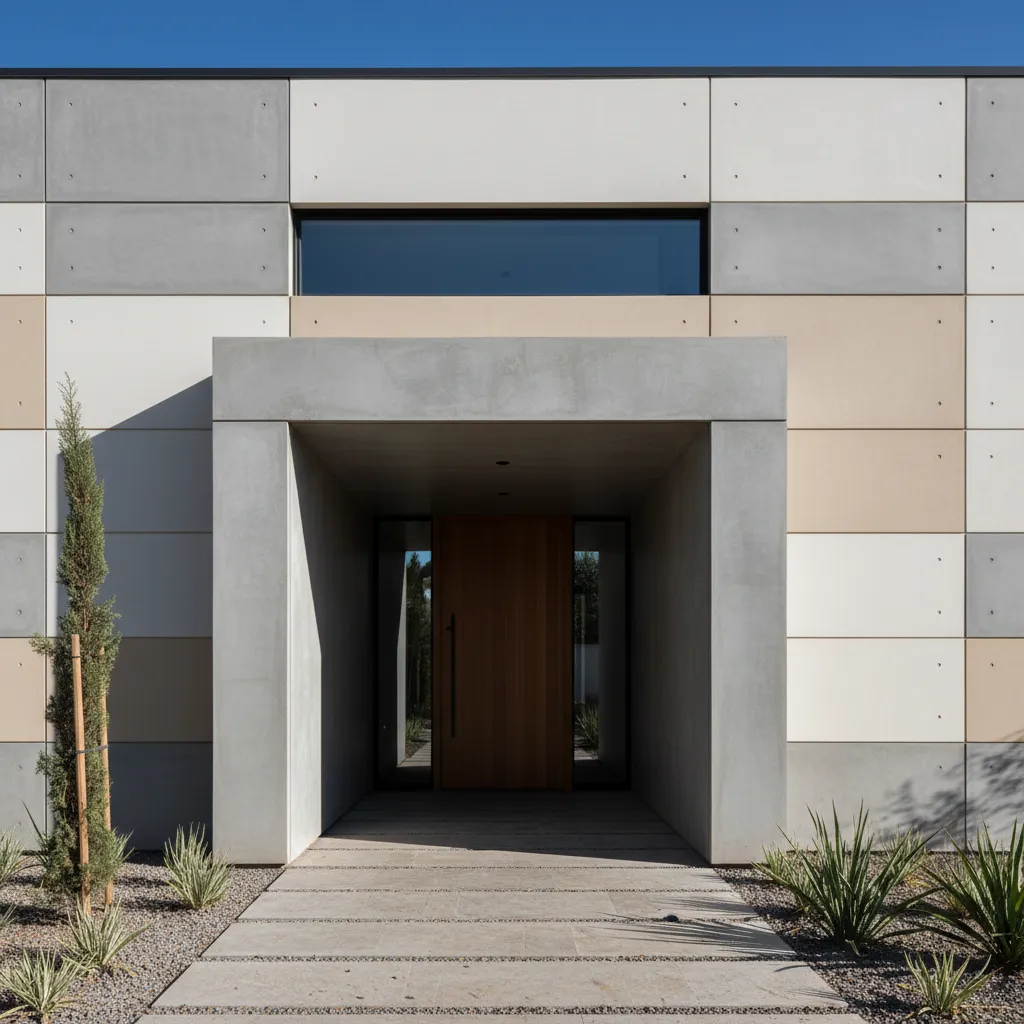 Modern house entrance with concrete porch, wood door, patterned wall panels, and small green plants