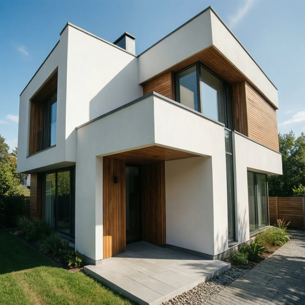 Fachada de casa moderna con volúmenes geométricos y entrada destacada
