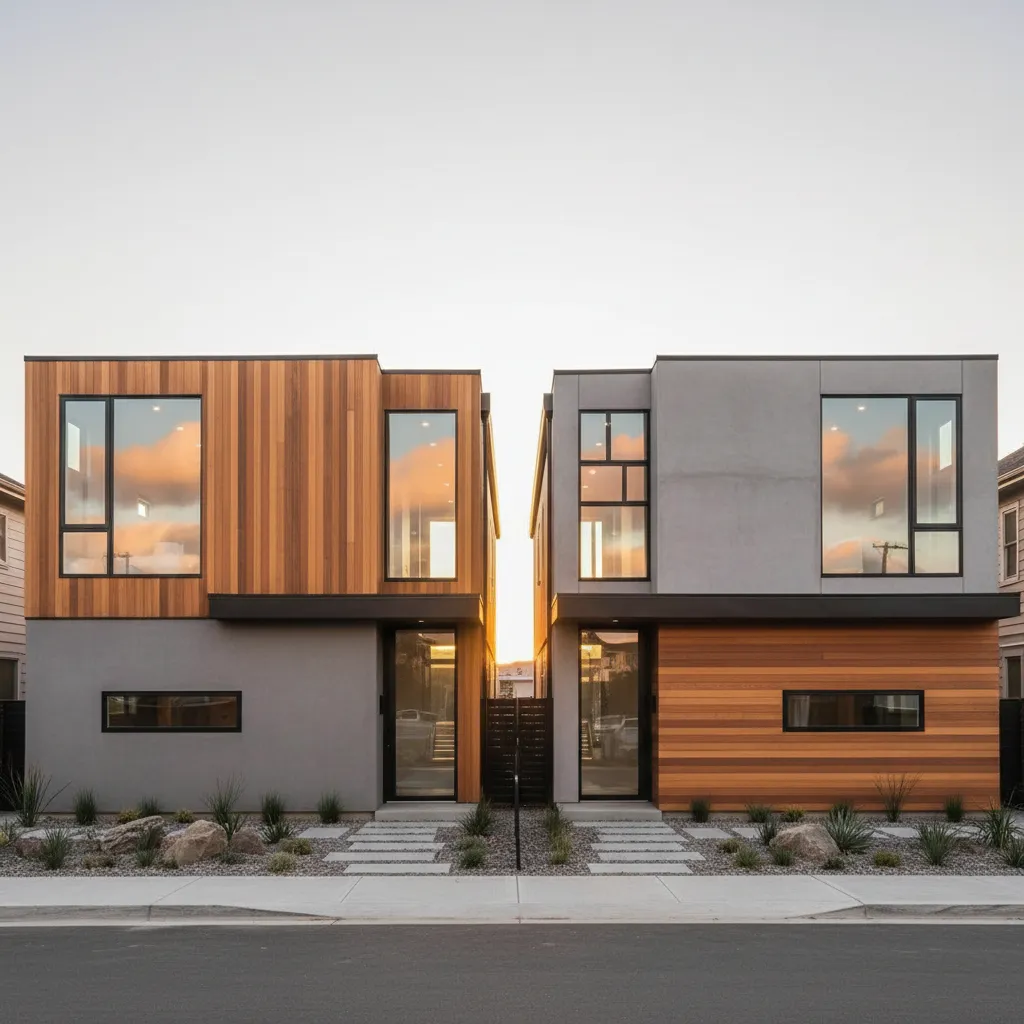 Fachada de dos casas pareadas modernas con diseño contemporáneo