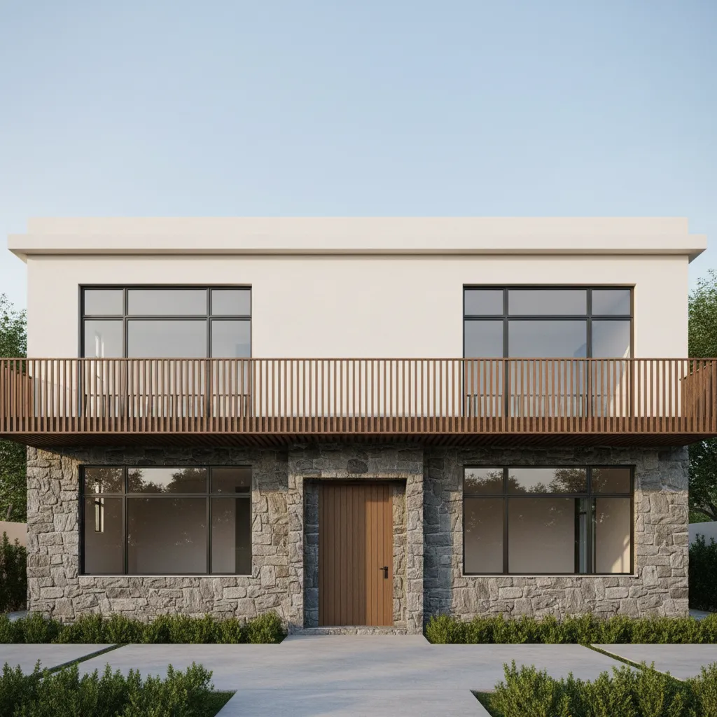 Fachada de casa de dos plantas con piedra natural en planta baja y estuco claro arriba