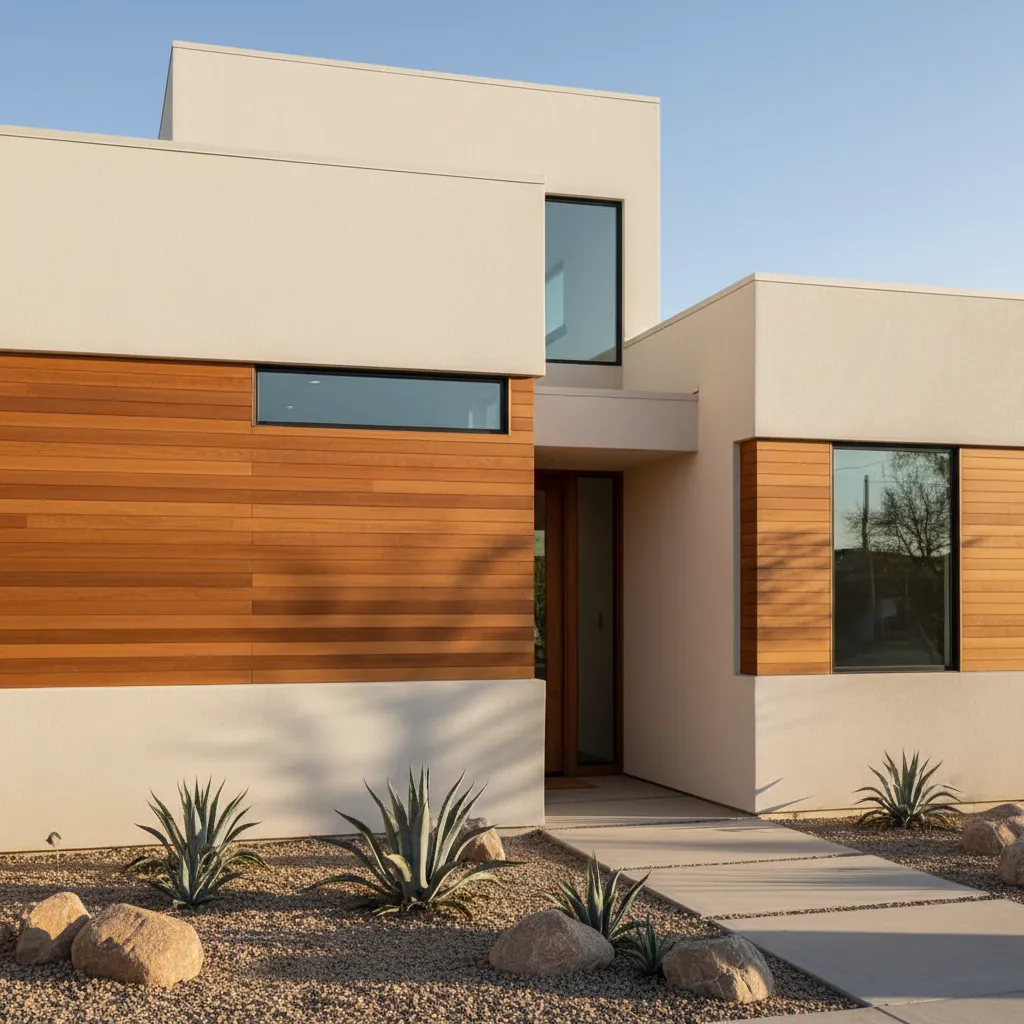 Fachada crema combinada con madera natural en casa moderna