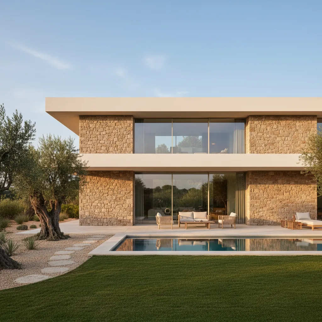 Casa moderna con fachada crema y piedra natural