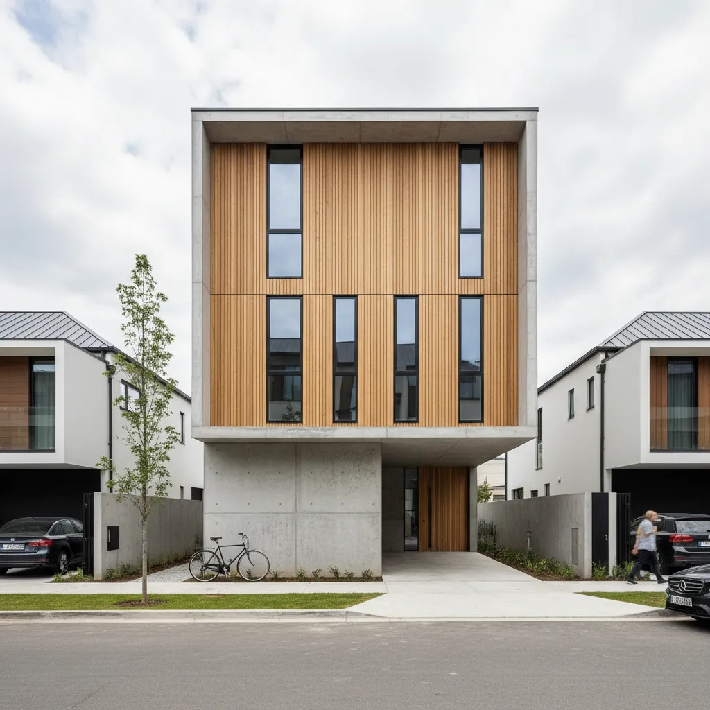 Modern three story house with light wood panels concrete walls black windows and parked bicycle