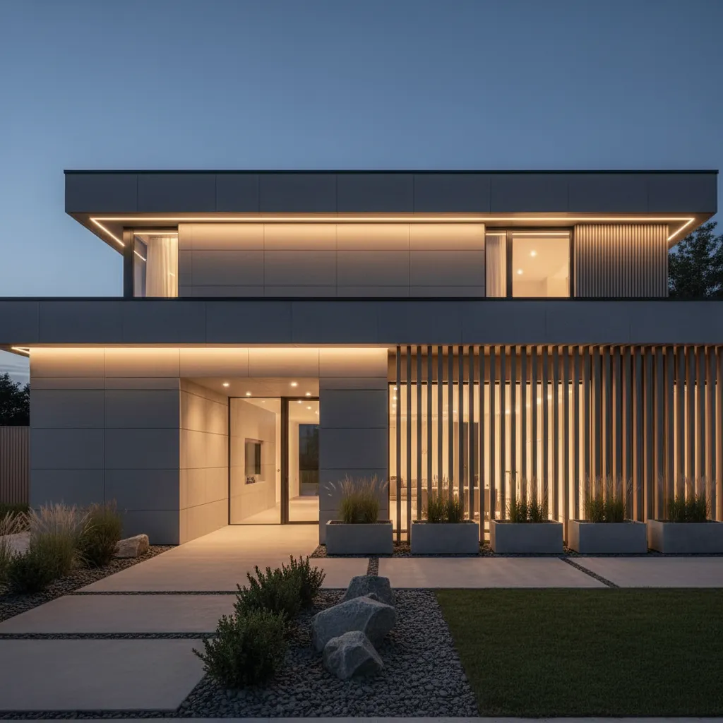 Fachada gris moderna con iluminación exterior cálida