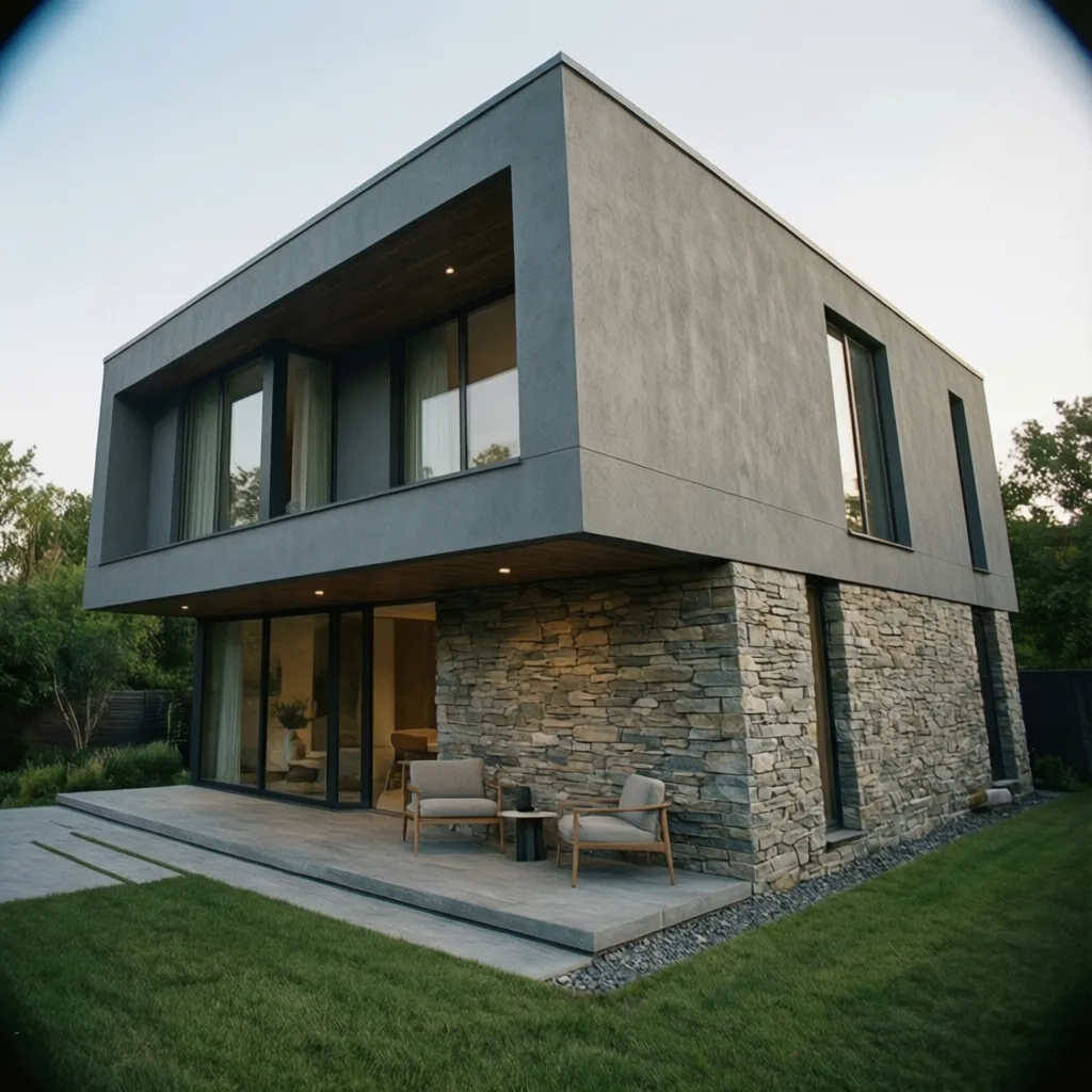 Casa moderna con fachada gris combinada con piedra natural