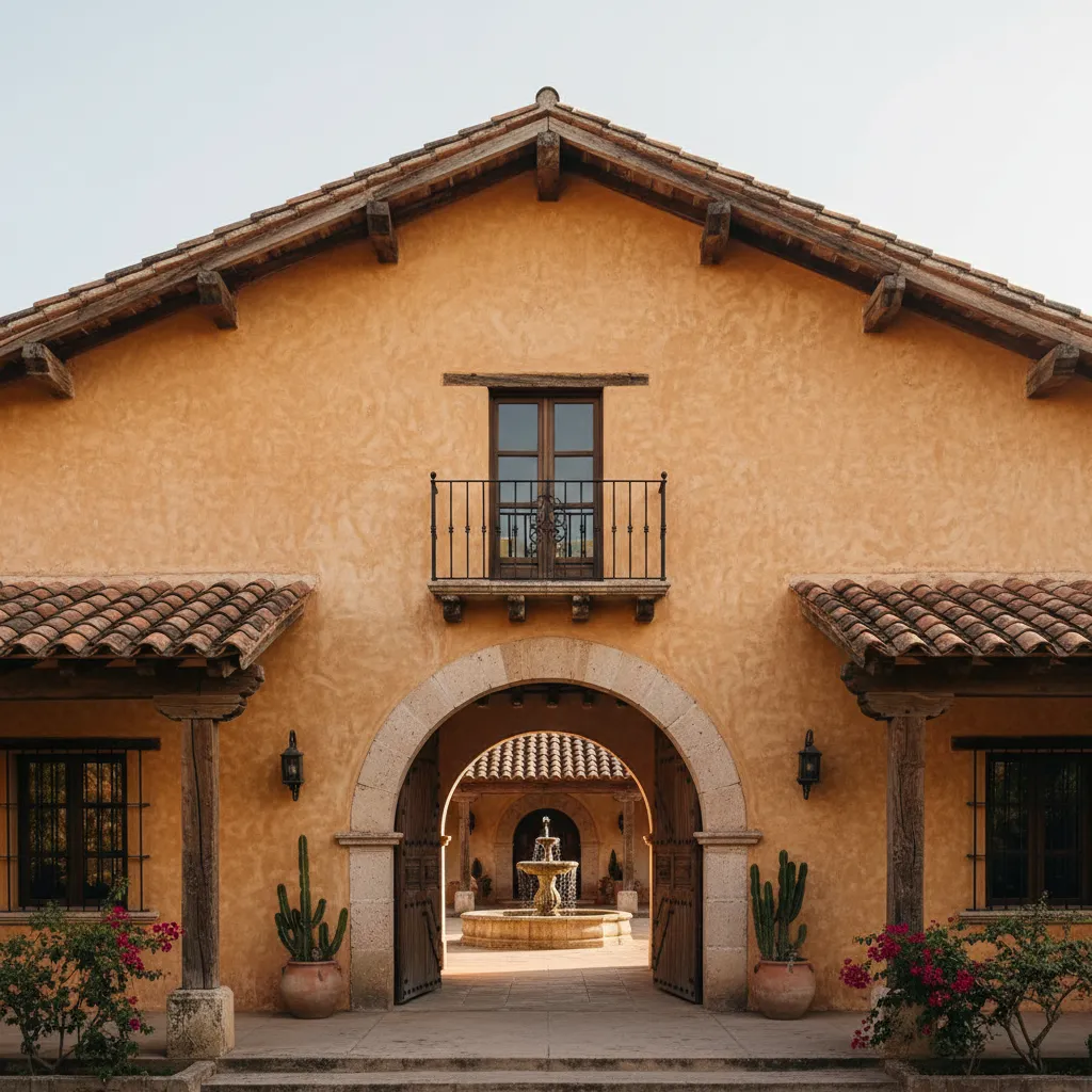 Casa estilo hacienda con muros de estuco y patio frontal