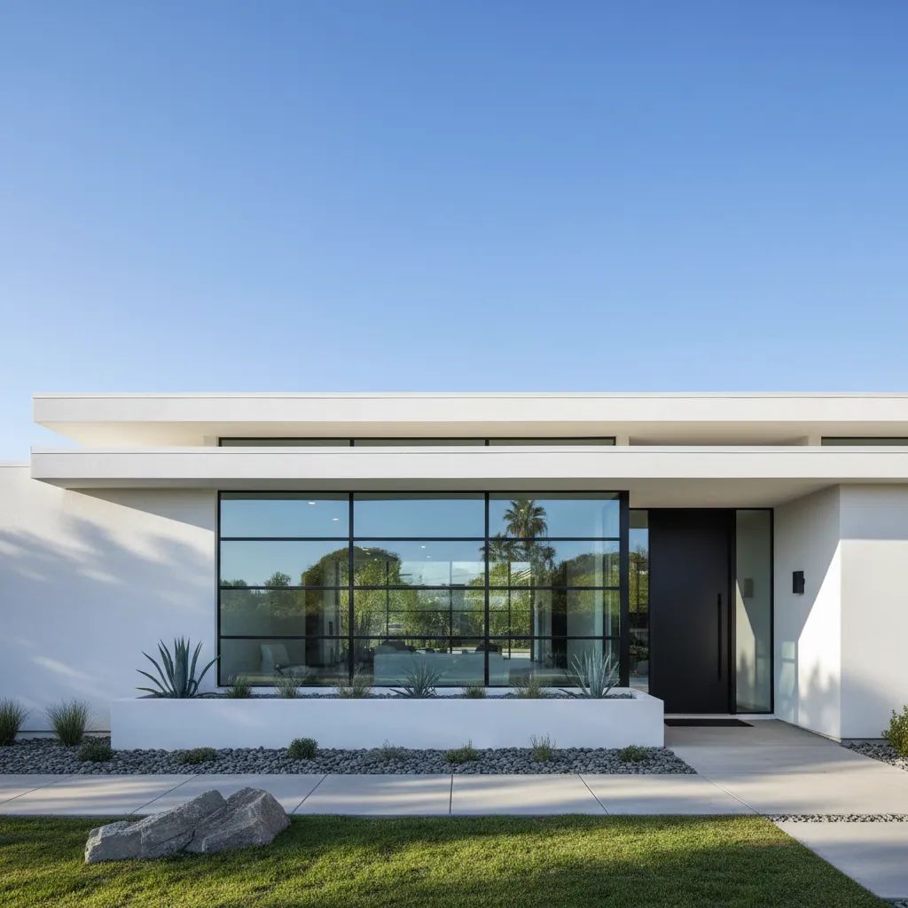 Casa moderna de una planta con diseño horizontal y grandes ventanales