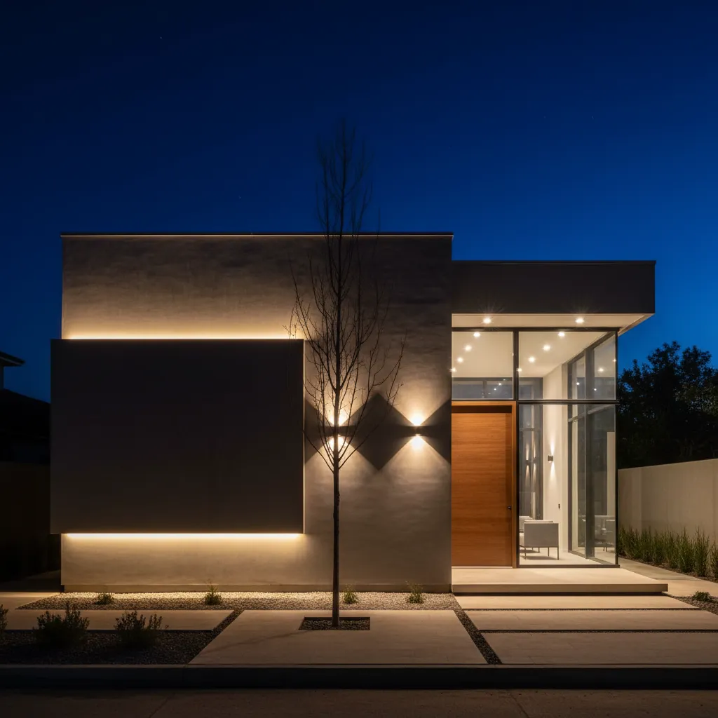 Fachada de casa pequeña iluminada por la noche con luces arquitectónicas