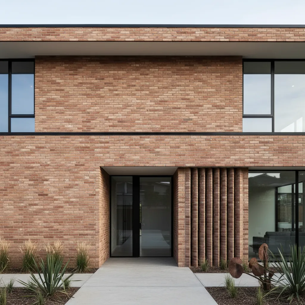 Fachada moderna revestida con ladrillo cortado natural