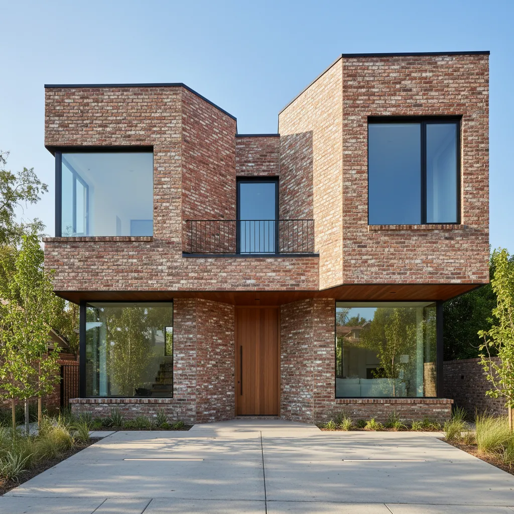Fachada contemporánea de casa con ladrillo visto y ventanas grandes