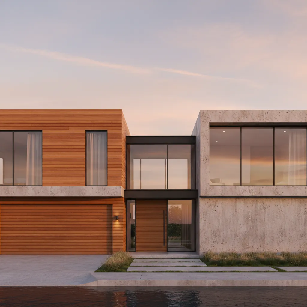Fachada moderna con combinación de madera natural y concreto.