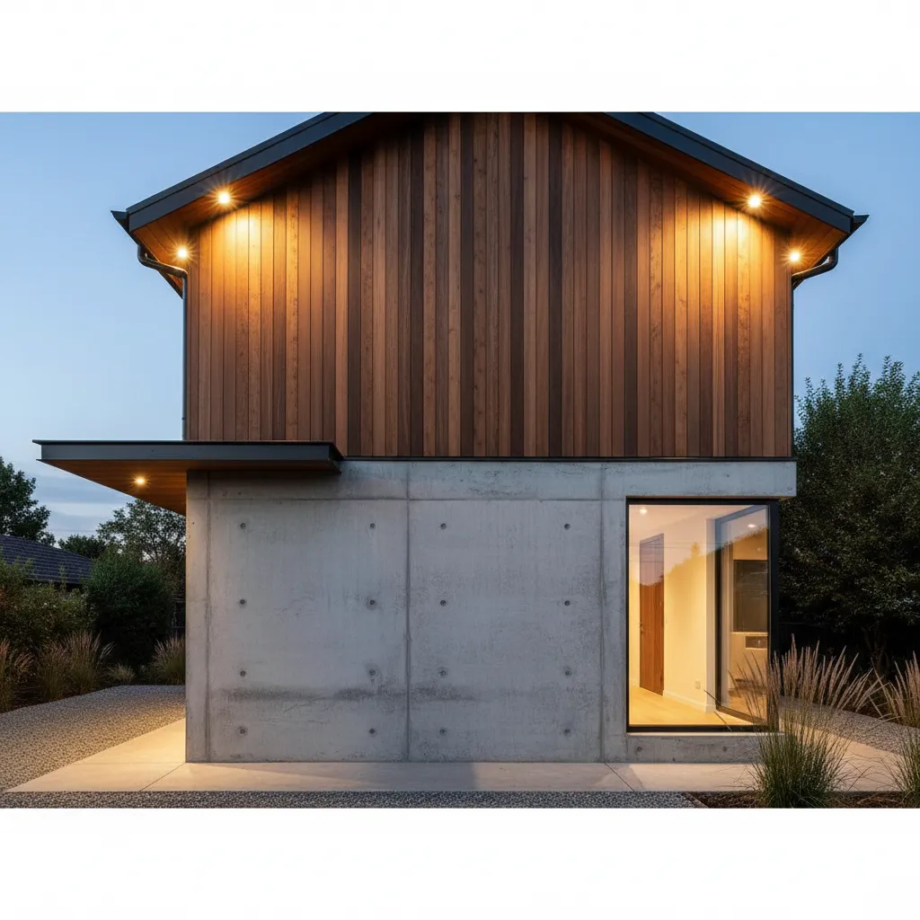 Fachada de casa pequeña combinando madera y concreto