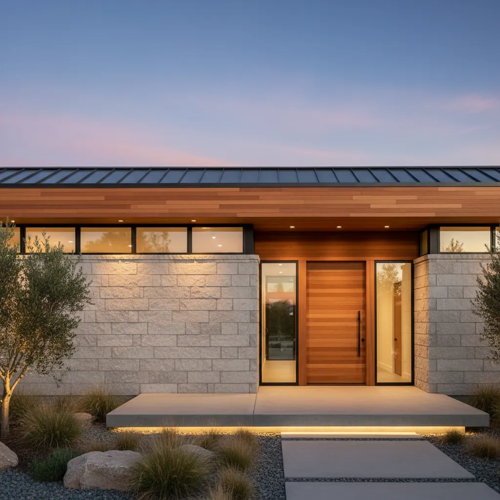 Modern house exterior with light stone walls wood front door warm lighting and sunset sky
