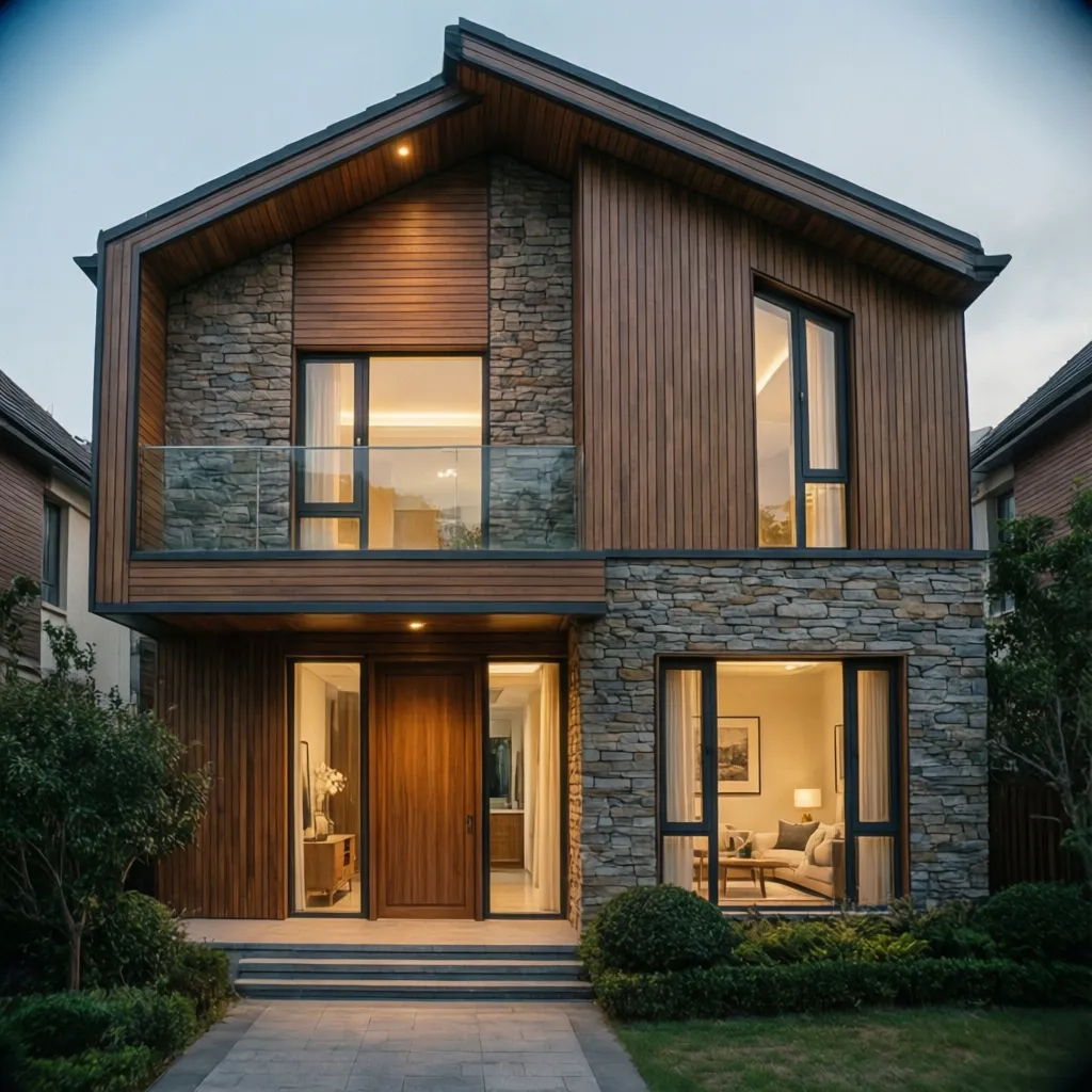 Two story house with wood and stone walls showing warm interior lights and small garden