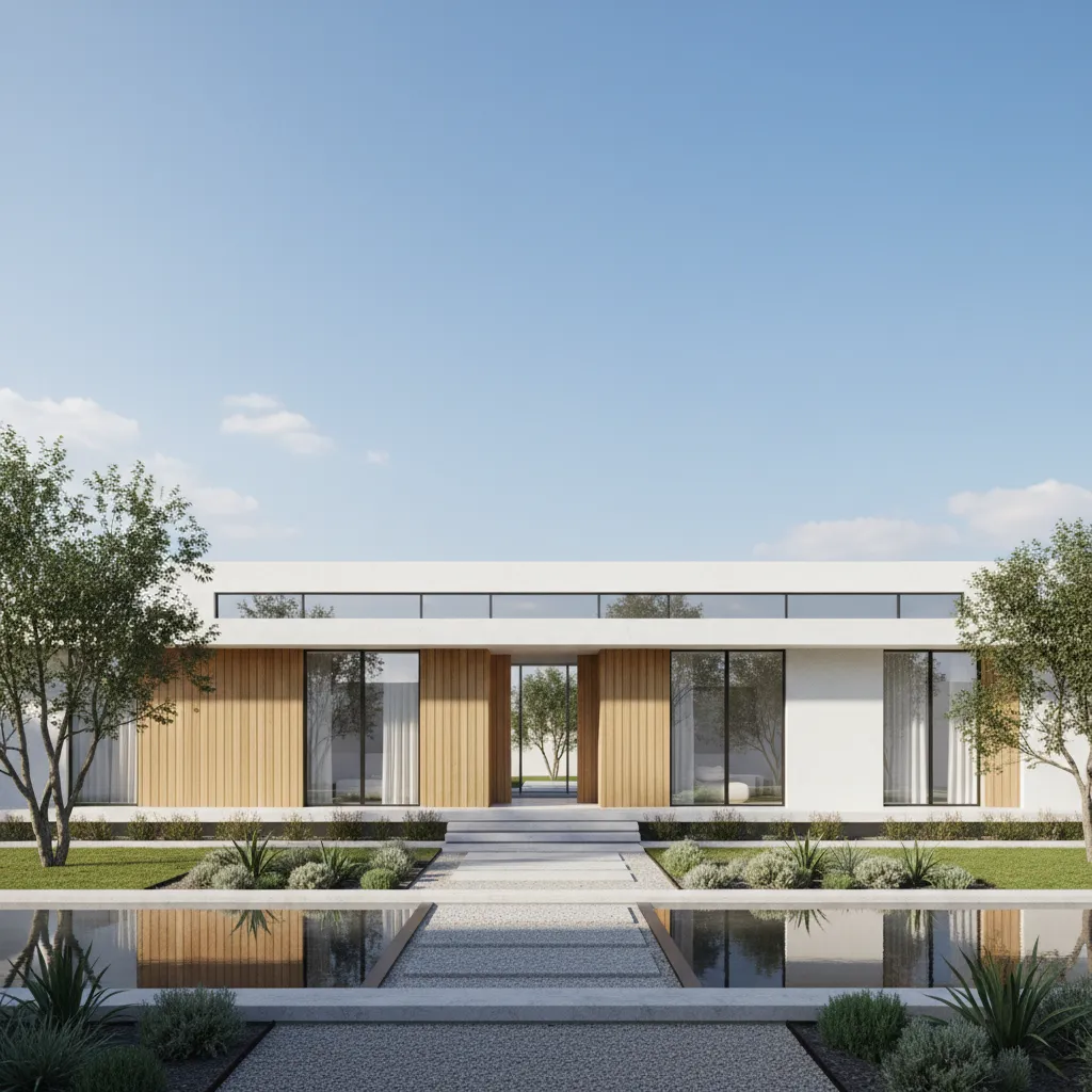 Modern house facade with large glass windows wood wall panels and garden water pool reflecting