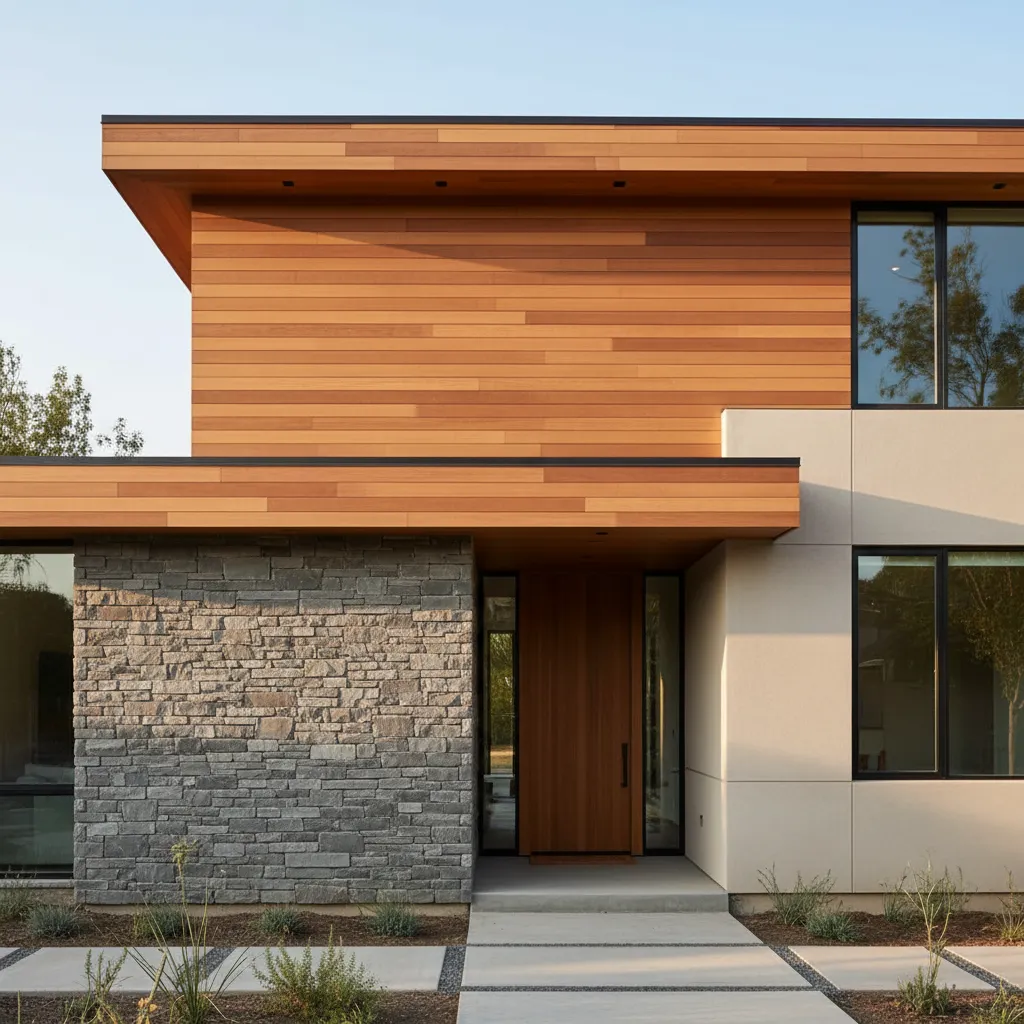 Casa contemporánea con combinación de madera, piedra y estuco