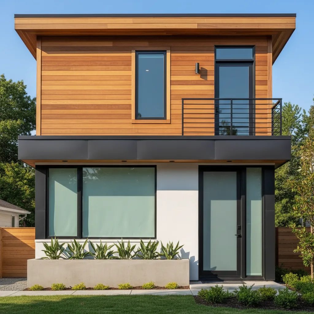Casa pequeña con fachada que combina madera, estuco y metal