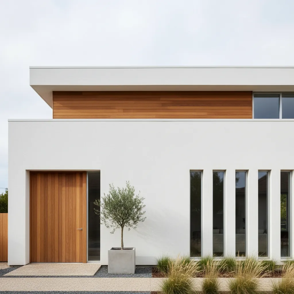 Modern house exterior featuring white walls wooden door wood panels narrow windows and small tree