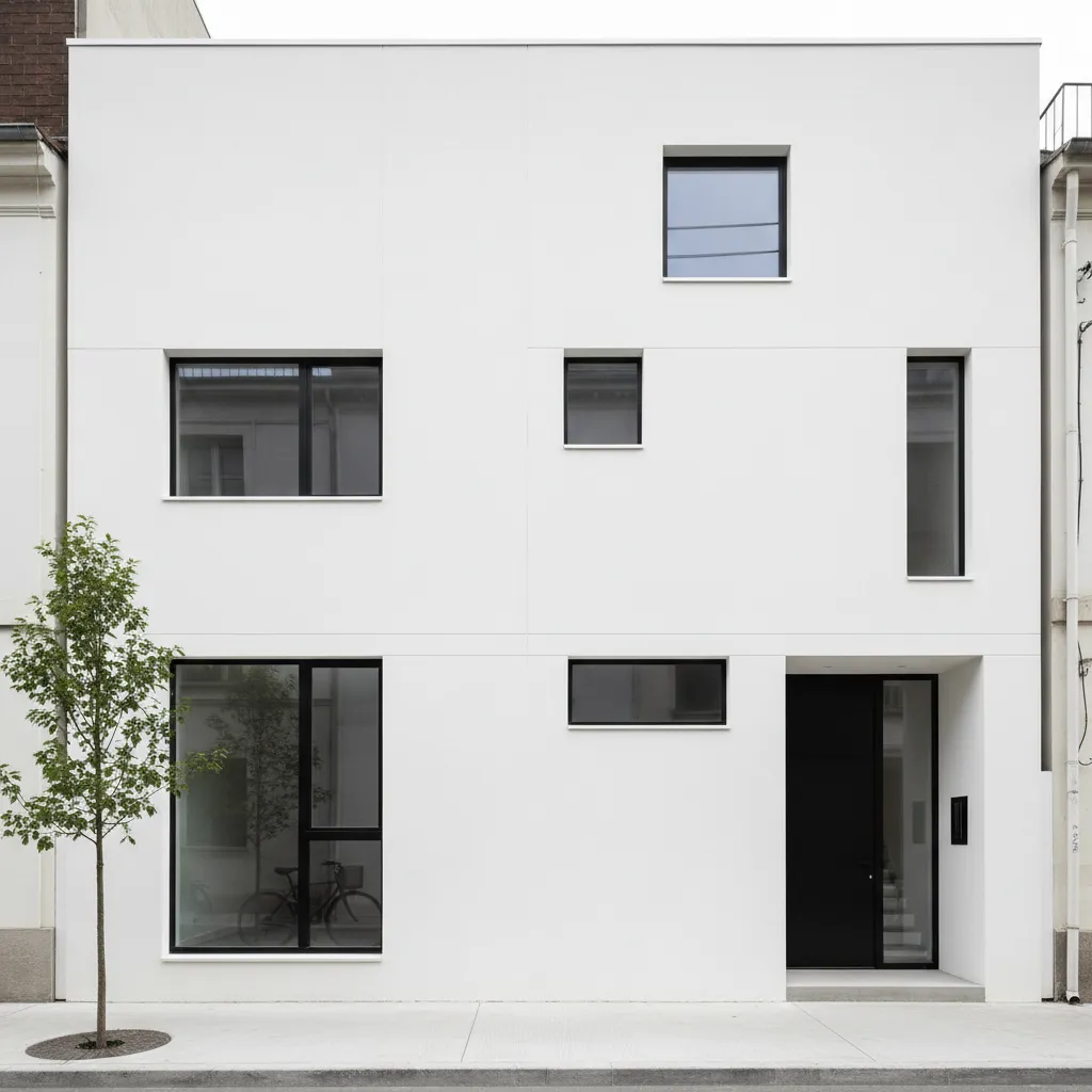 Simple white building with several black windows and a black front door on the sidewalk