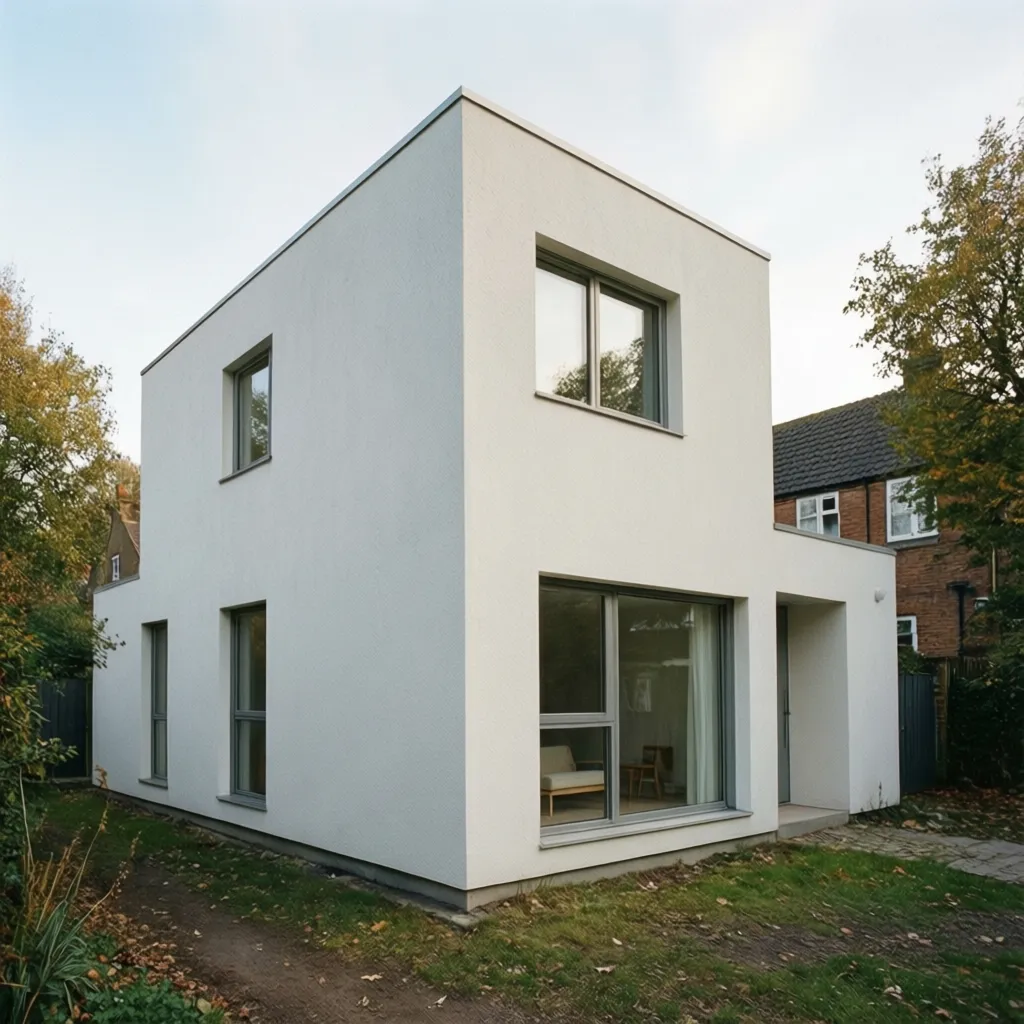 Casa pequeña con fachada moderna minimalista blanca