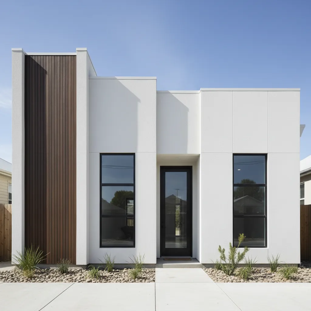 Fachada minimalista de casa pequeña con líneas simples y colores neutros