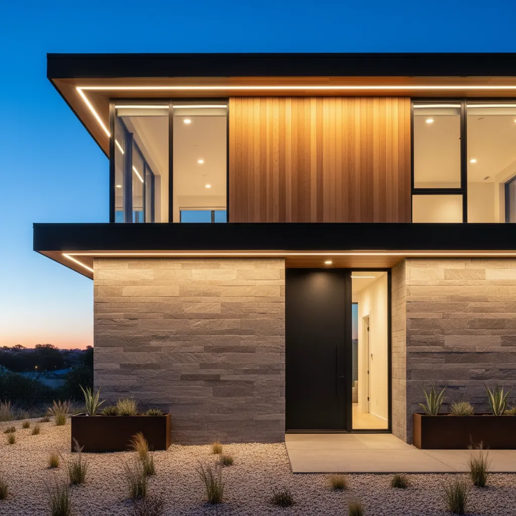 Fachada minimalista con combinación de piedra y madera