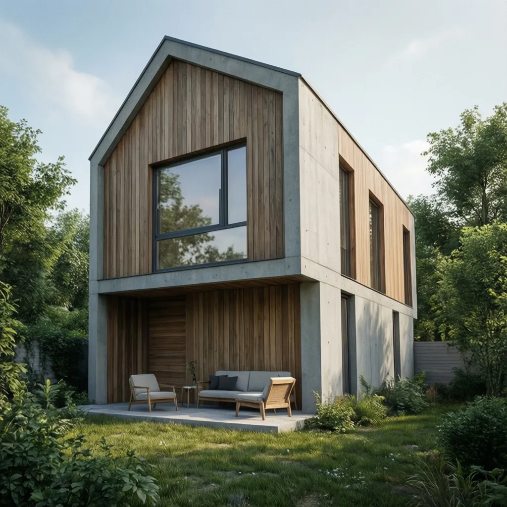 Fachada moderna de vivienda de una planta en terreno estrecho