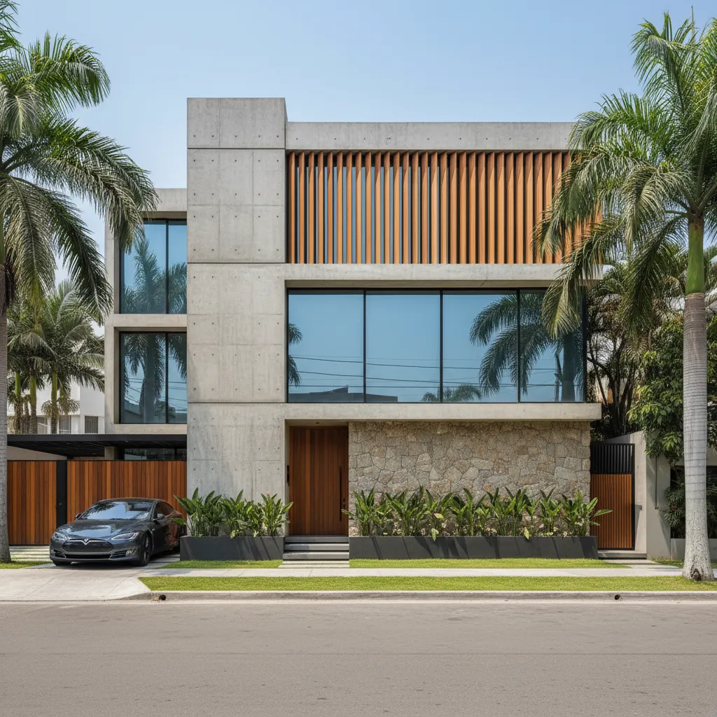 Fachada moderna de casa con concreto y madera