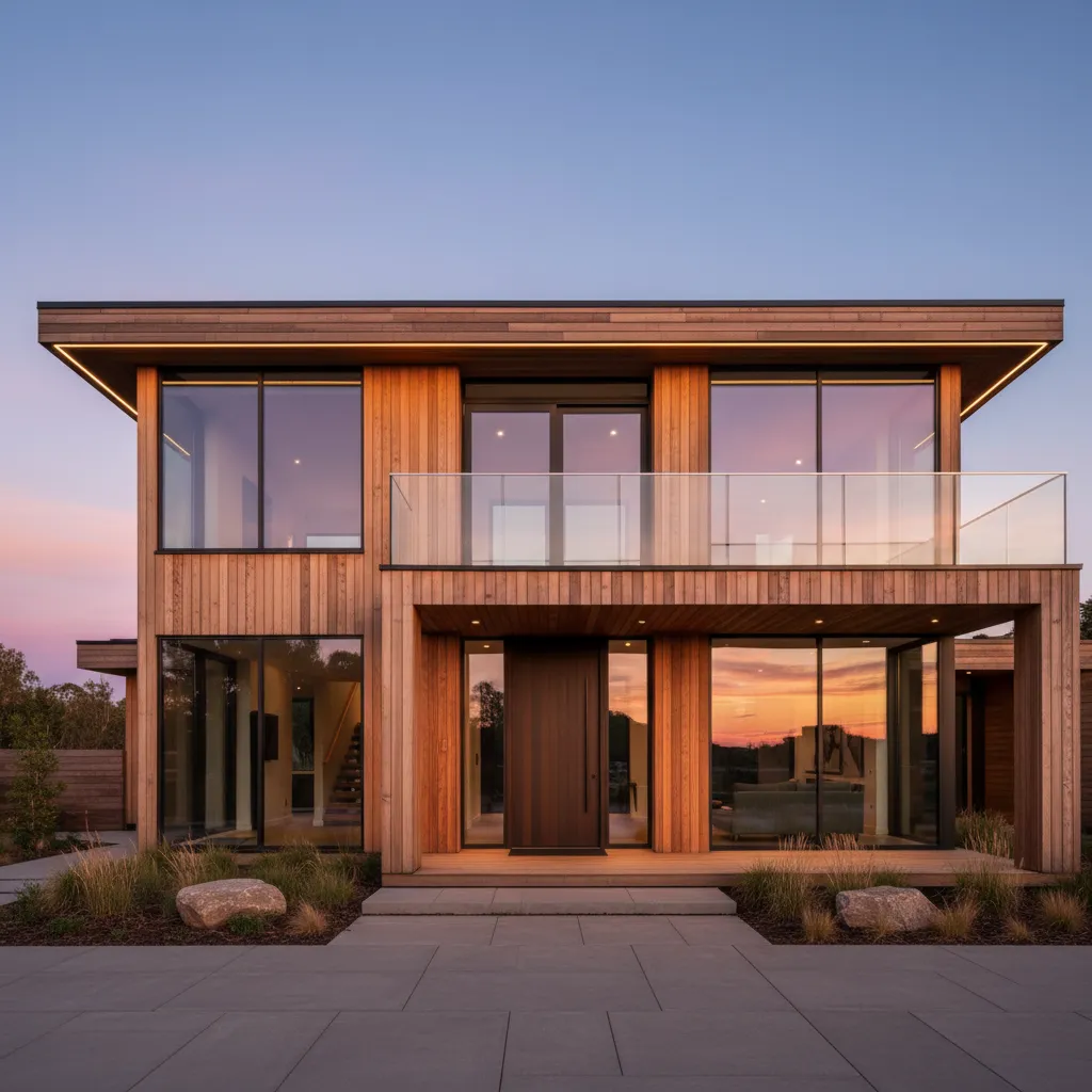 Fachada moderna de casa de madera de dos plantas con terraza