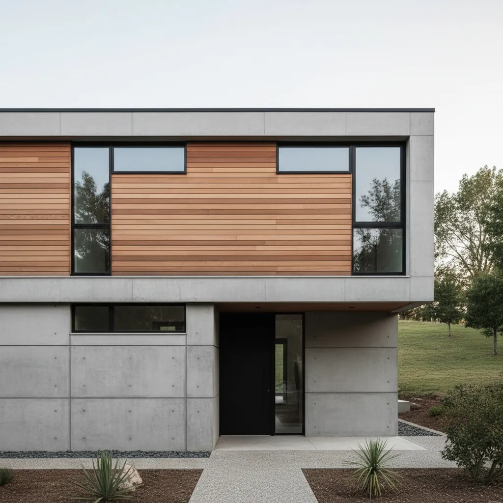 Contemporary house design with grey concrete wall panels wood panels black window frames and path