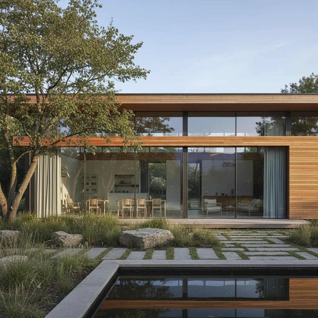 Fachada moderna de casa prefabricada con madera y vidrio