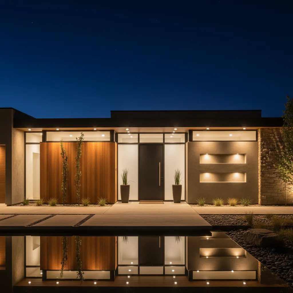 Fachada moderna de casa de una planta iluminada por la noche