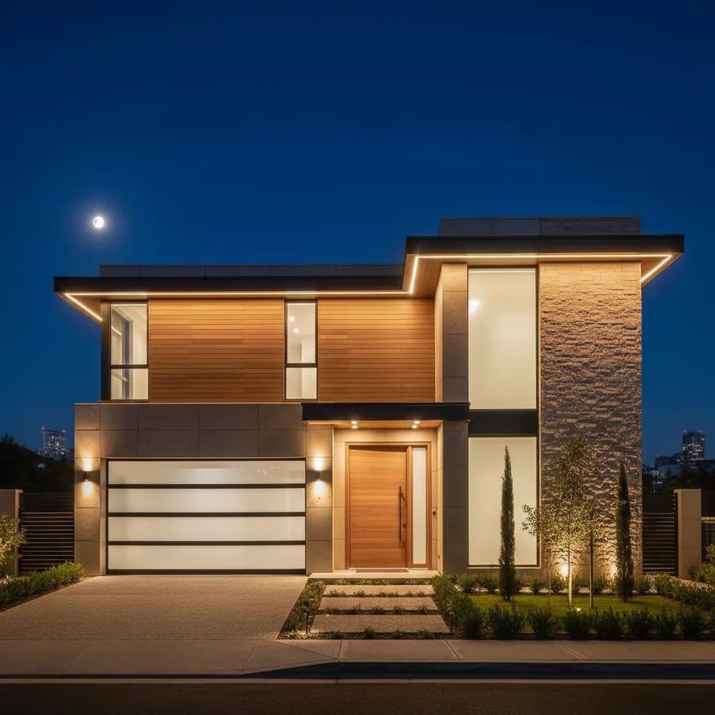 Fachada moderna iluminada por la noche con iluminación arquitectónica.
