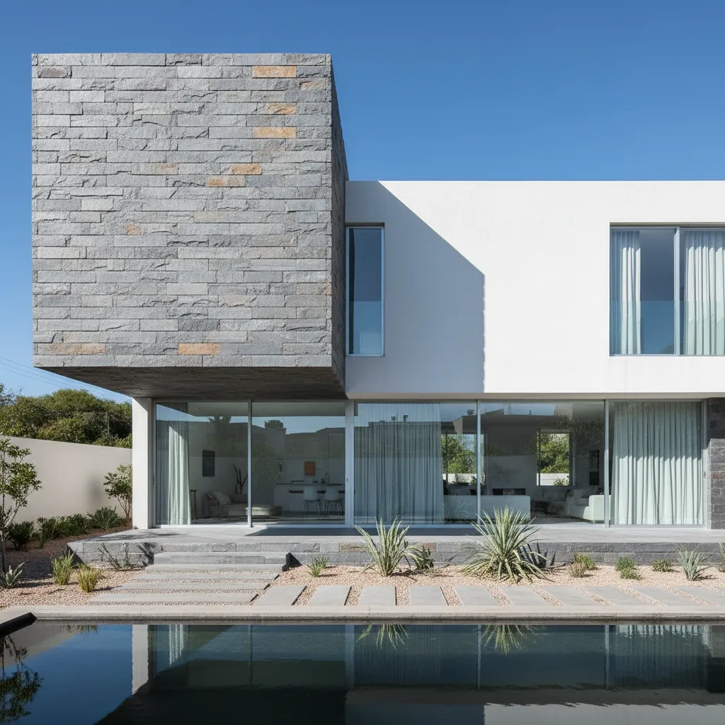 Casa moderna con volumen revestido en piedra laja