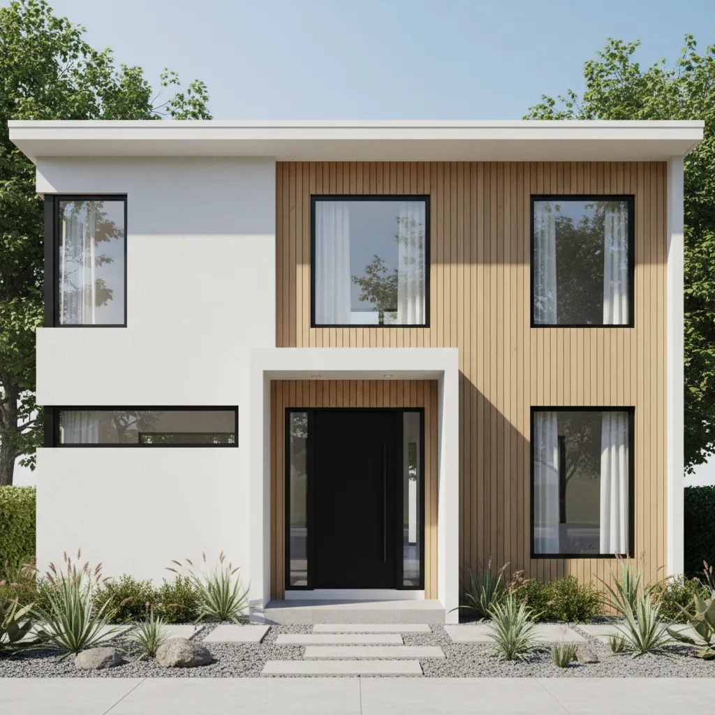 Modern house with white walls light wood panels black windows and a pebble front garden