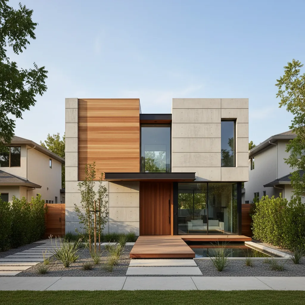 Fachada moderna de casa unifamiliar con materiales simples y proporciones equilibradas