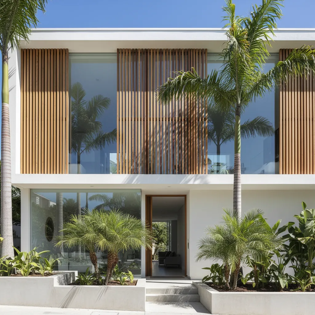Fachada de casa estilo moderno tropical con madera y concreto