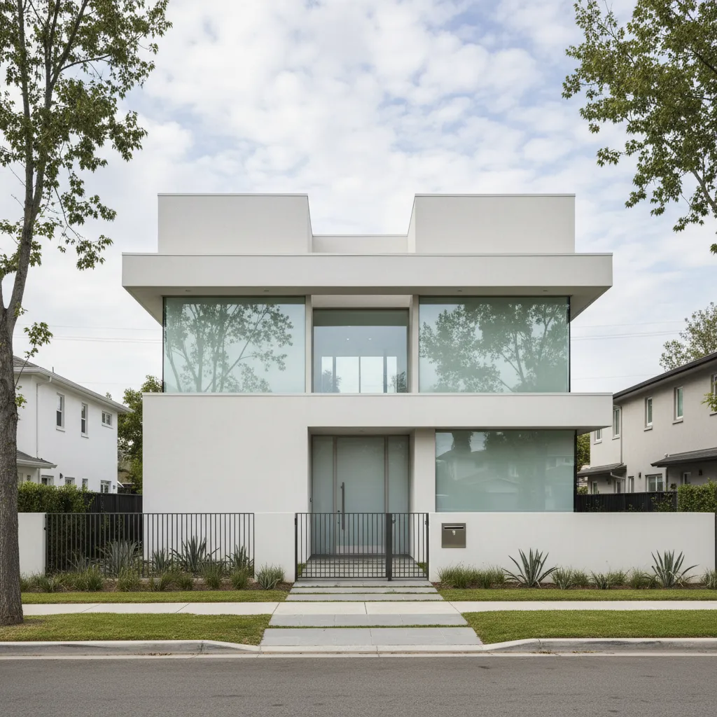 Casa moderna con volúmenes simples y grandes ventanales