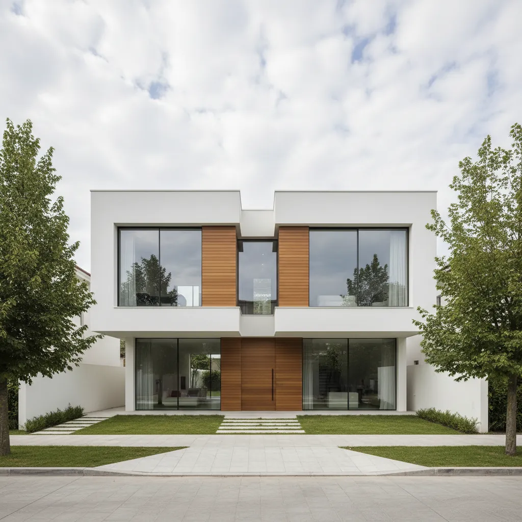 Casa moderna de dos pisos con volúmenes geométricos y ventanales amplios
