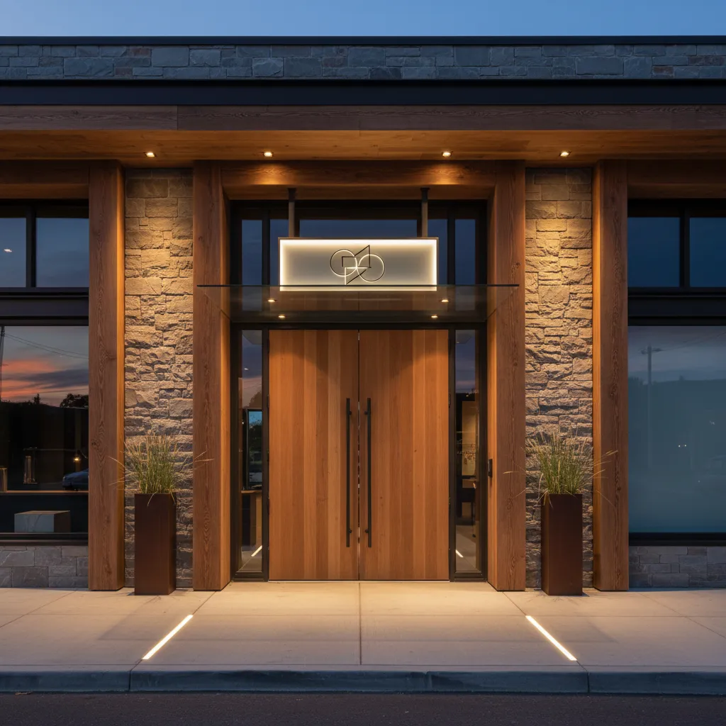 Fachada de negocio moderno con diseño exterior coherente con interior