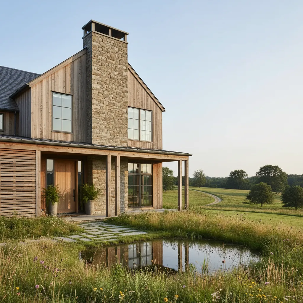 Fachada de casa de campo con piedra natural y madera