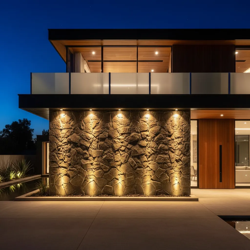 Fachada con piedra laja iluminada por luces exteriores nocturnas