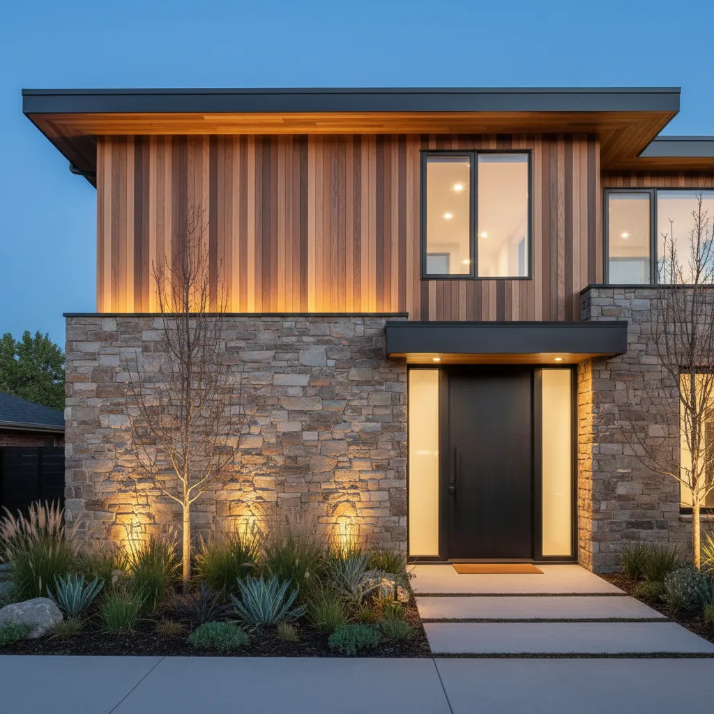 Fachada de casa de dos pisos con piedra natural y madera