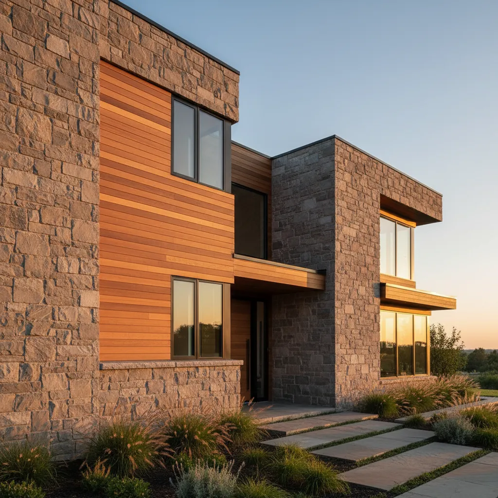 Fachada de casa combinando piedra natural y madera
